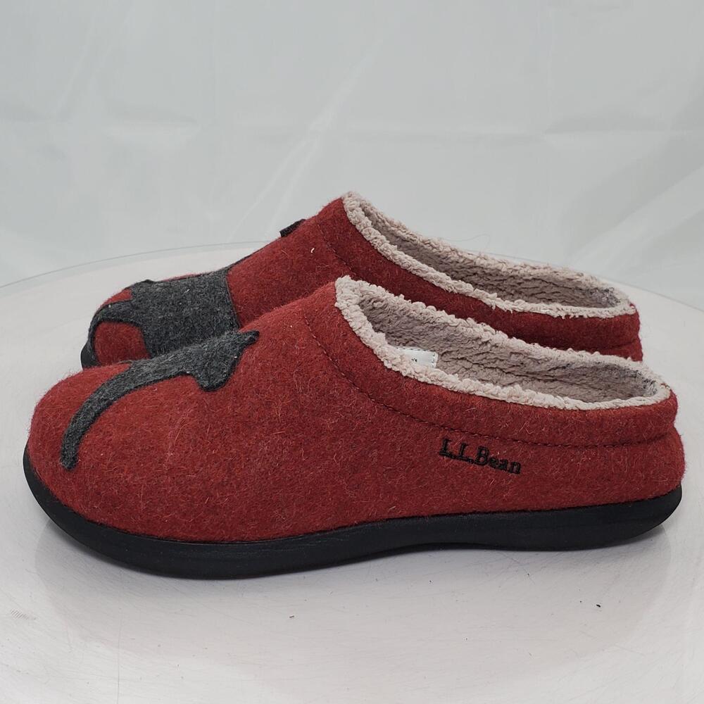 L.L.Bean Cat Mule Slippers Women 7 Red Felt Faux Fur Lined Indoor 305194